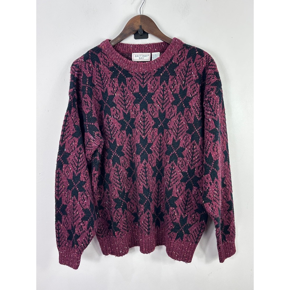 Brittany Bay Sweater Womens Large Burgundy Black Snowflake Knit Wool Blend Retro